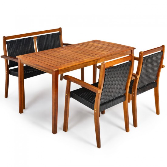 Honhorrs Acacia and Rattan Patio Dining Set: Table, Loveseat and Two Chairs with Tuck-Away Storage