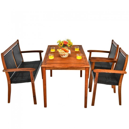 Honhorrs Acacia and Rattan Patio Dining Set: Table, Loveseat and Two Chairs with Tuck-Away Storage
