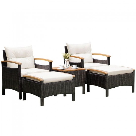 Owlyin Five-Piece Patio Lounge Set, Acacia and Rattan Chairs with Two Ottomans and a Coffee Table