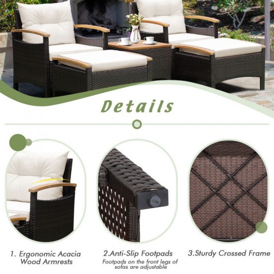 Owlyin Five-Piece Patio Lounge Set, Acacia and Rattan Chairs with Two Ottomans and a Coffee Table
