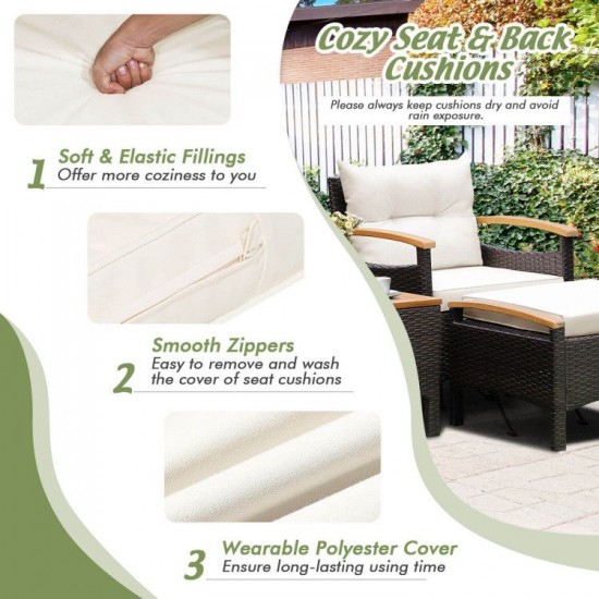 Owlyin Five-Piece Patio Lounge Set, Acacia and Rattan Chairs with Two Ottomans and a Coffee Table