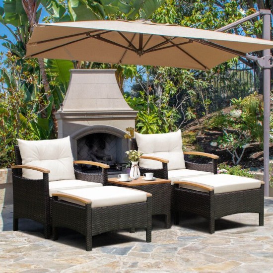 Owlyin Five-Piece Patio Lounge Set, Acacia and Rattan Chairs with Two Ottomans and a Coffee Table