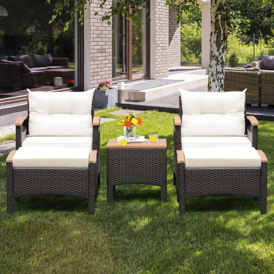 Owlyin Five-Piece Patio Lounge Set, Acacia and Rattan Chairs with Two Ottomans and a Coffee Table