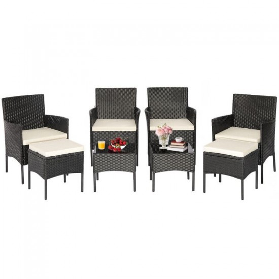 Honhorrs Eight-Piece Wicker Patio Set, Four Chairs, Two Ottomans and Two Glass Tables with Cushions