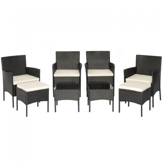 Honhorrs Eight-Piece Wicker Patio Set, Four Chairs, Two Ottomans and Two Glass Tables with Cushions