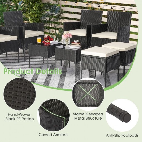 Honhorrs Eight-Piece Wicker Patio Set, Four Chairs, Two Ottomans and Two Glass Tables with Cushions