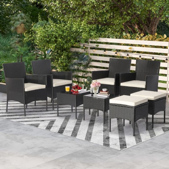 Honhorrs Eight-Piece Wicker Patio Set, Four Chairs, Two Ottomans and Two Glass Tables with Cushions