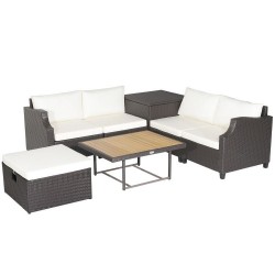 XVX Seven-Piece Wicker Patio Set, Cushion Storage and Acacia Table with Two Convertible Heights