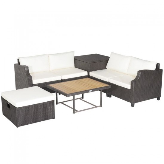 Honhorrs Seven-Piece Wicker Patio Set, Cushion Storage and Acacia Table with Two Convertible Heights