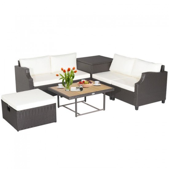 Honhorrs Seven-Piece Wicker Patio Set, Cushion Storage and Acacia Table with Two Convertible Heights