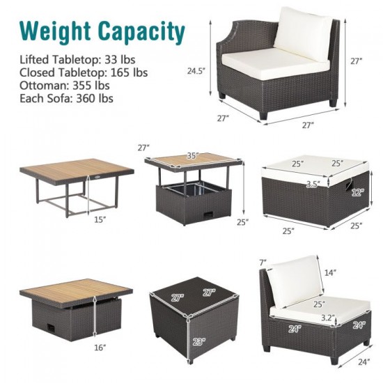 Honhorrs Seven-Piece Wicker Patio Set, Cushion Storage and Acacia Table with Two Convertible Heights