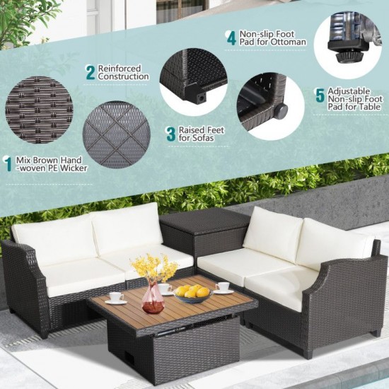 Honhorrs Seven-Piece Wicker Patio Set, Cushion Storage and Acacia Table with Two Convertible Heights