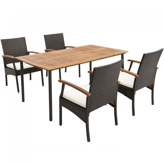 Honhorrs Five-Piece Patio Wicker Dining Set, Cushioned Chairs and Acacia Table with Umbrella Opening