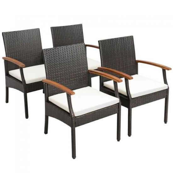 Honhorrs Five-Piece Patio Wicker Dining Set, Cushioned Chairs and Acacia Table with Umbrella Opening