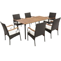 Honhorrs Seven-Piece Patio Dining Set, Cushioned Rattan Chairs and Acacia Table with Umbrella Hole