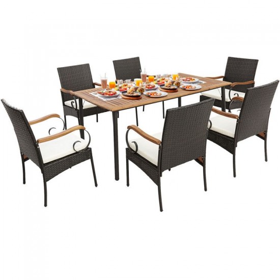 Honhorrs Seven-Piece Patio Dining Set, Cushioned Rattan Chairs and Acacia Table with Umbrella Hole