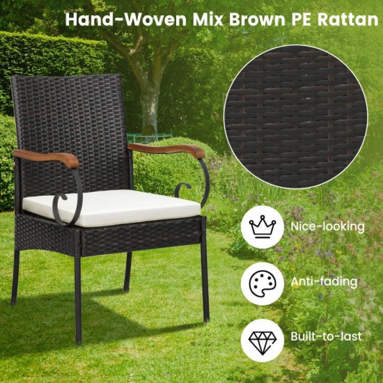 Honhorrs Seven-Piece Patio Dining Set, Cushioned Rattan Chairs and Acacia Table with Umbrella Hole