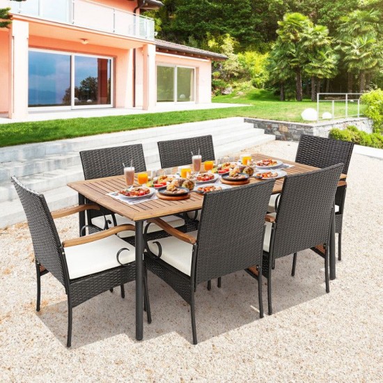 Honhorrs Seven-Piece Patio Dining Set, Cushioned Rattan Chairs and Acacia Table with Umbrella Hole