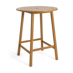 Owlyin 31.5-Inch Round Acacia Patio Bar Table, Slatted Top and Umbrella Hole with Adjustable Feet