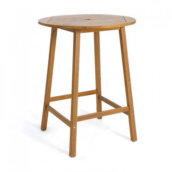 Owlyin 31.5-Inch Round Acacia Patio Bar Table, Slatted Top and Umbrella Hole with Adjustable Feet