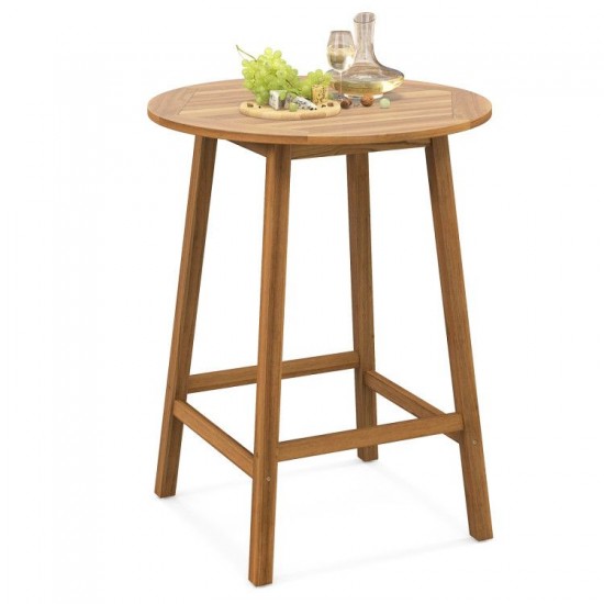 Owlyin 31.5-Inch Round Acacia Patio Bar Table, Slatted Top and Umbrella Hole with Adjustable Feet
