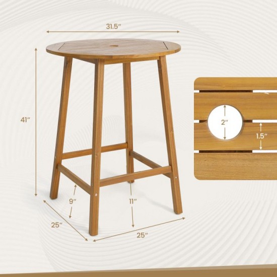 Owlyin 31.5-Inch Round Acacia Patio Bar Table, Slatted Top and Umbrella Hole with Adjustable Feet