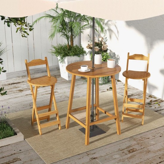 Owlyin 31.5-Inch Round Acacia Patio Bar Table, Slatted Top and Umbrella Hole with Adjustable Feet