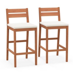 XVX Two Eucalyptus Patio Bar Stools, Cushioned Seats with Inclined Backs and Built-In Footrests