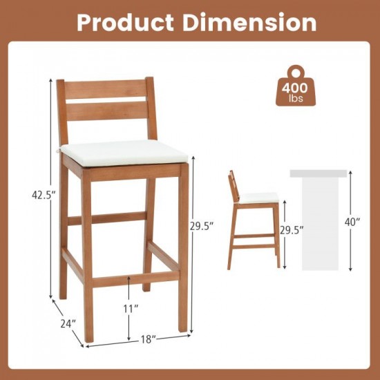 Owlyin Two Eucalyptus Patio Bar Stools, Cushioned Seats with Inclined Backs and Built-In Footrests