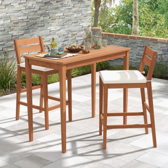 Owlyin Two Eucalyptus Patio Bar Stools, Cushioned Seats with Inclined Backs and Built-In Footrests