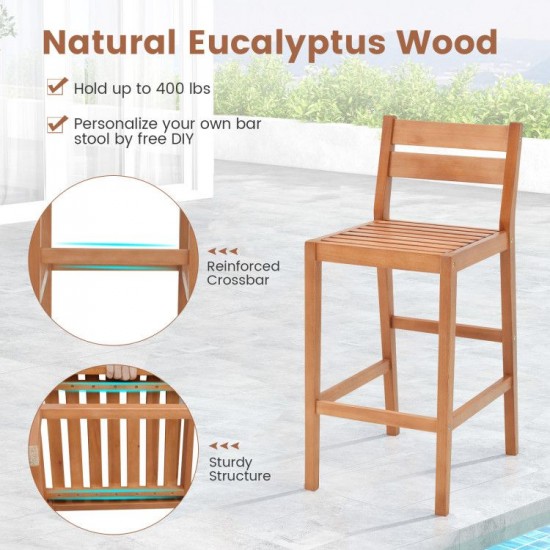 Owlyin Two Eucalyptus Patio Bar Stools, Cushioned Seats with Inclined Backs and Built-In Footrests
