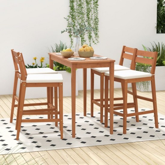 Owlyin Two Eucalyptus Patio Bar Stools, Cushioned Seats with Inclined Backs and Built-In Footrests