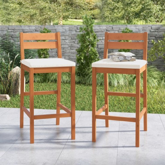 Owlyin Two Eucalyptus Patio Bar Stools, Cushioned Seats with Inclined Backs and Built-In Footrests