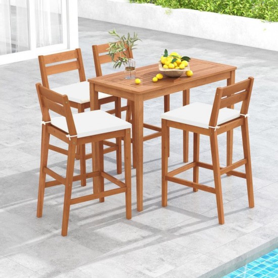 Owlyin Two Eucalyptus Patio Bar Stools, Cushioned Seats with Inclined Backs and Built-In Footrests