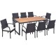 Honhorrs Nine-Piece Patio Dining Set, Acacia Table with Umbrella Hole and Eight Padded Wicker Chairs