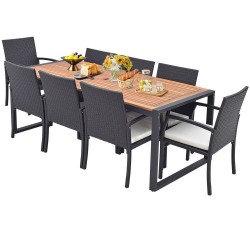 XVX Nine-Piece Patio Dining Set, Acacia Table with Umbrella Hole and Eight Padded Wicker Chairs