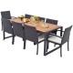 Honhorrs Nine-Piece Patio Dining Set, Acacia Table with Umbrella Hole and Eight Padded Wicker Chairs