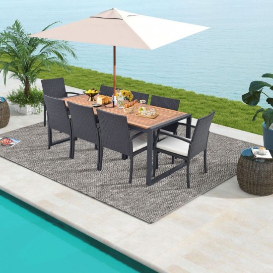 Honhorrs Nine-Piece Patio Dining Set, Acacia Table with Umbrella Hole and Eight Padded Wicker Chairs