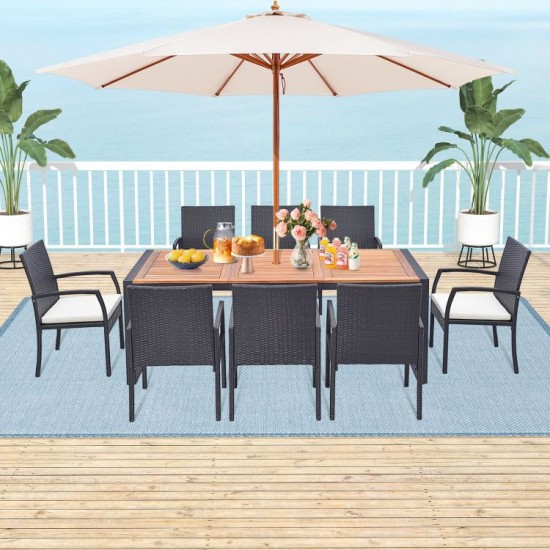 Honhorrs Nine-Piece Patio Dining Set, Acacia Table with Umbrella Hole and Eight Padded Wicker Chairs
