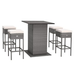 Honhorrs Five-Piece Patio Bar Set, White Slatted Tabletop and Hidden Shelves with Cushioned Stools