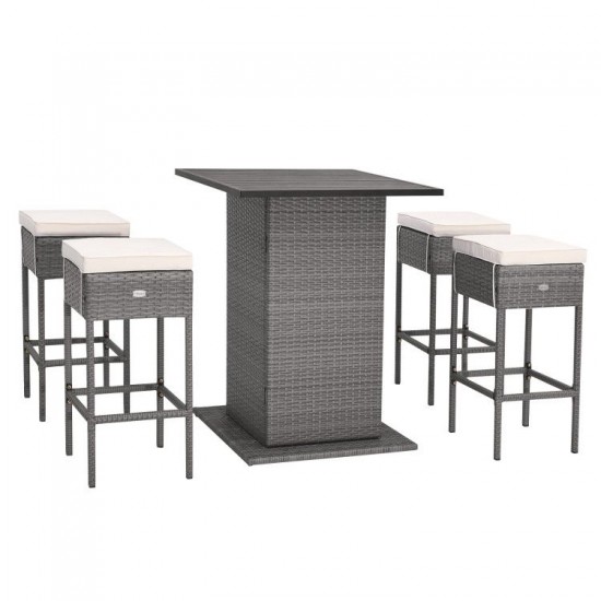 Honhorrs Five-Piece Patio Bar Set, White Slatted Tabletop and Hidden Shelves with Cushioned Stools