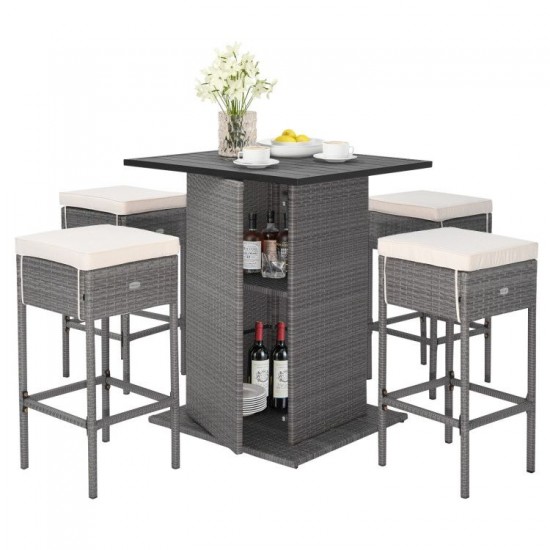 Honhorrs Five-Piece Patio Bar Set, White Slatted Tabletop and Hidden Shelves with Cushioned Stools