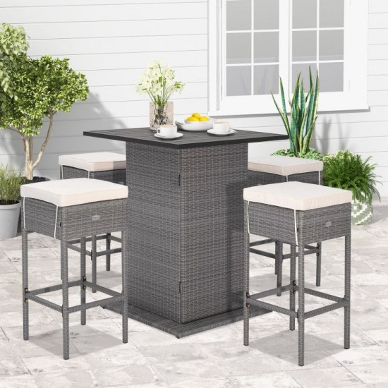 Honhorrs Five-Piece Patio Bar Set, White Slatted Tabletop and Hidden Shelves with Cushioned Stools