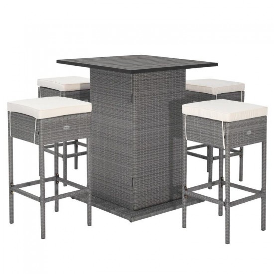 Honhorrs Five-Piece Patio Bar Set, White Slatted Tabletop and Hidden Shelves with Cushioned Stools