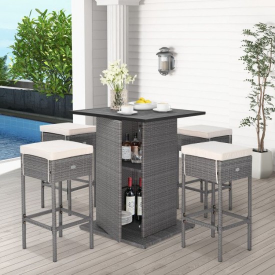 Honhorrs Five-Piece Patio Bar Set, White Slatted Tabletop and Hidden Shelves with Cushioned Stools