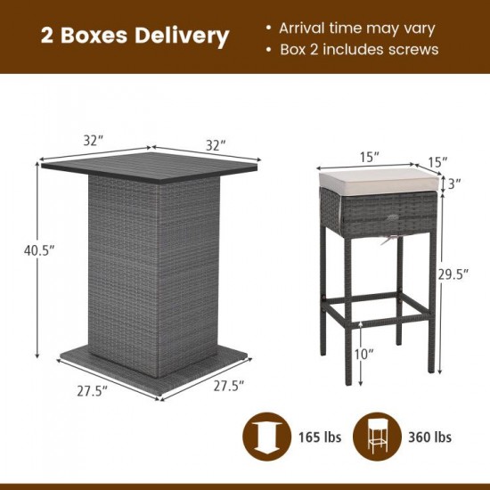 Honhorrs Five-Piece Patio Bar Set, White Slatted Tabletop and Hidden Shelves with Cushioned Stools