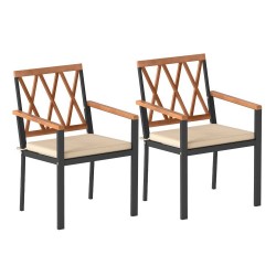 XVX Pair of Patio Dining Armchairs, Acacia Backrests and Arms with Removable Tie-On Seat Cushions