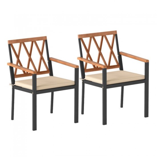 Owlyin Pair of Patio Dining Armchairs, Acacia Backrests and Arms with Removable Tie-On Seat Cushions