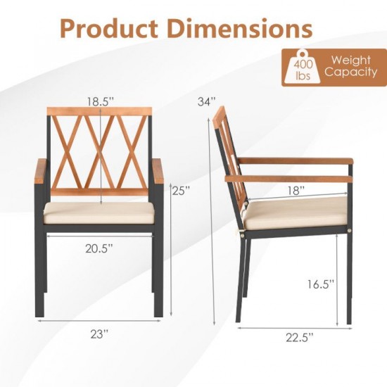 Owlyin Pair of Patio Dining Armchairs, Acacia Backrests and Arms with Removable Tie-On Seat Cushions