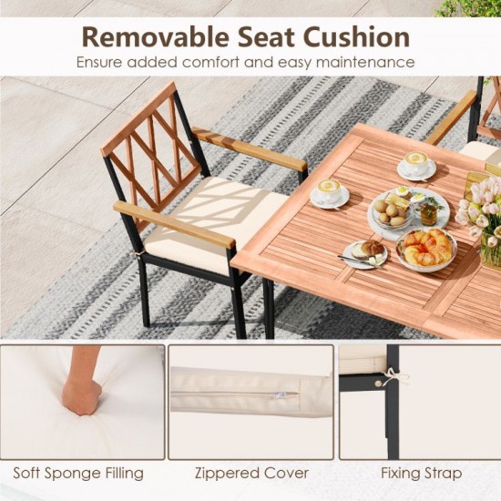 Owlyin Pair of Patio Dining Armchairs, Acacia Backrests and Arms with Removable Tie-On Seat Cushions